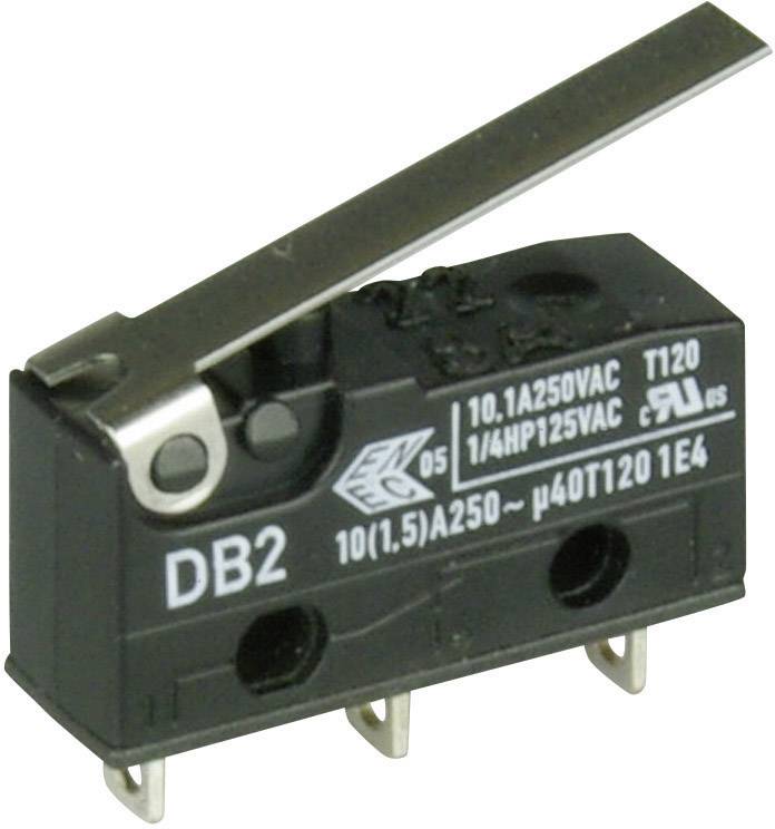 Čierny mikrospínač s pákou, model DB2, označený napätím 10.1A 250VAC a 1/4HP 125VAC pre elektrické aplikácie.