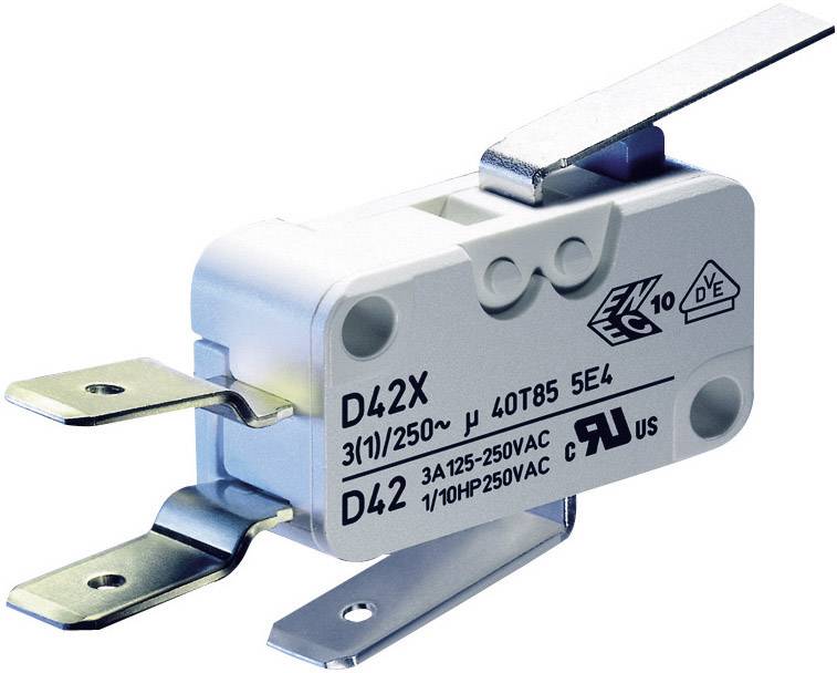 Elektrický mikrospínač s pákou, označený kódom 'D42X' a so špecifickými technickými špecifikáciami a certifikáciami.
