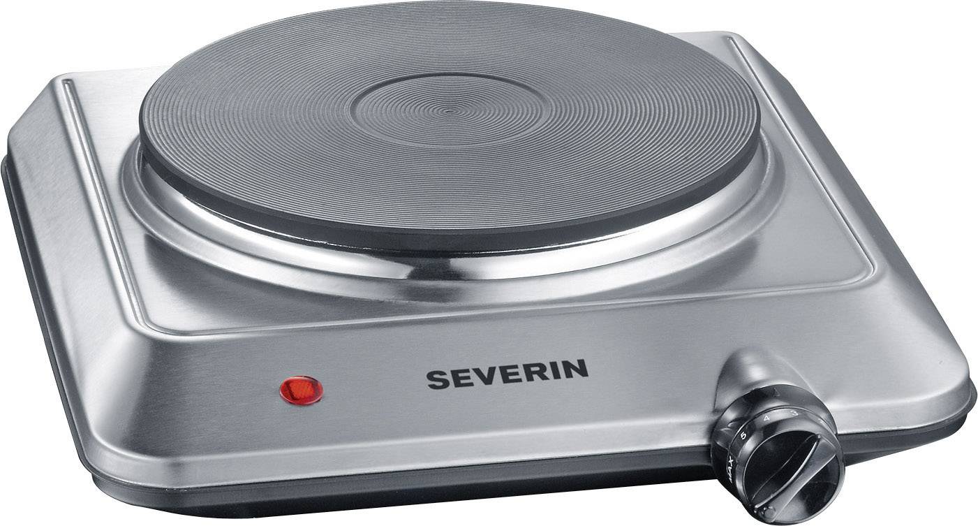 Prenosná elektrická varná doska z nehrdzavejúcej ocele so sieťovým vypínačom. Označenie 'SEVERIN' na prednej strane.