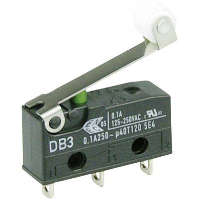 Elektrický mikrospínač s pákou a valčekom, označený 'DB3', vhodný pre 0,1 A a napätie 125–250 VAC. Obsahuje tri pripájacie svorky.