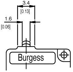 Technický výkres súčiastky s názvom 'Burgess'. Rozmery sú: šírka 3,4, výška 1,6 (v neurčenej jednotke).