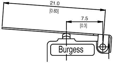 Technický výkres páky s nápisom 'Burgess'. Rozmery páky: 21.0 a 7.5, vedľa toho stupnice v zátvorkách.