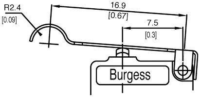 Technický výkres mechanickej súčiastky s rozmermi 16,9 a 7,5 mm. Obsahuje text 'Burgess' a údaj R2.4.