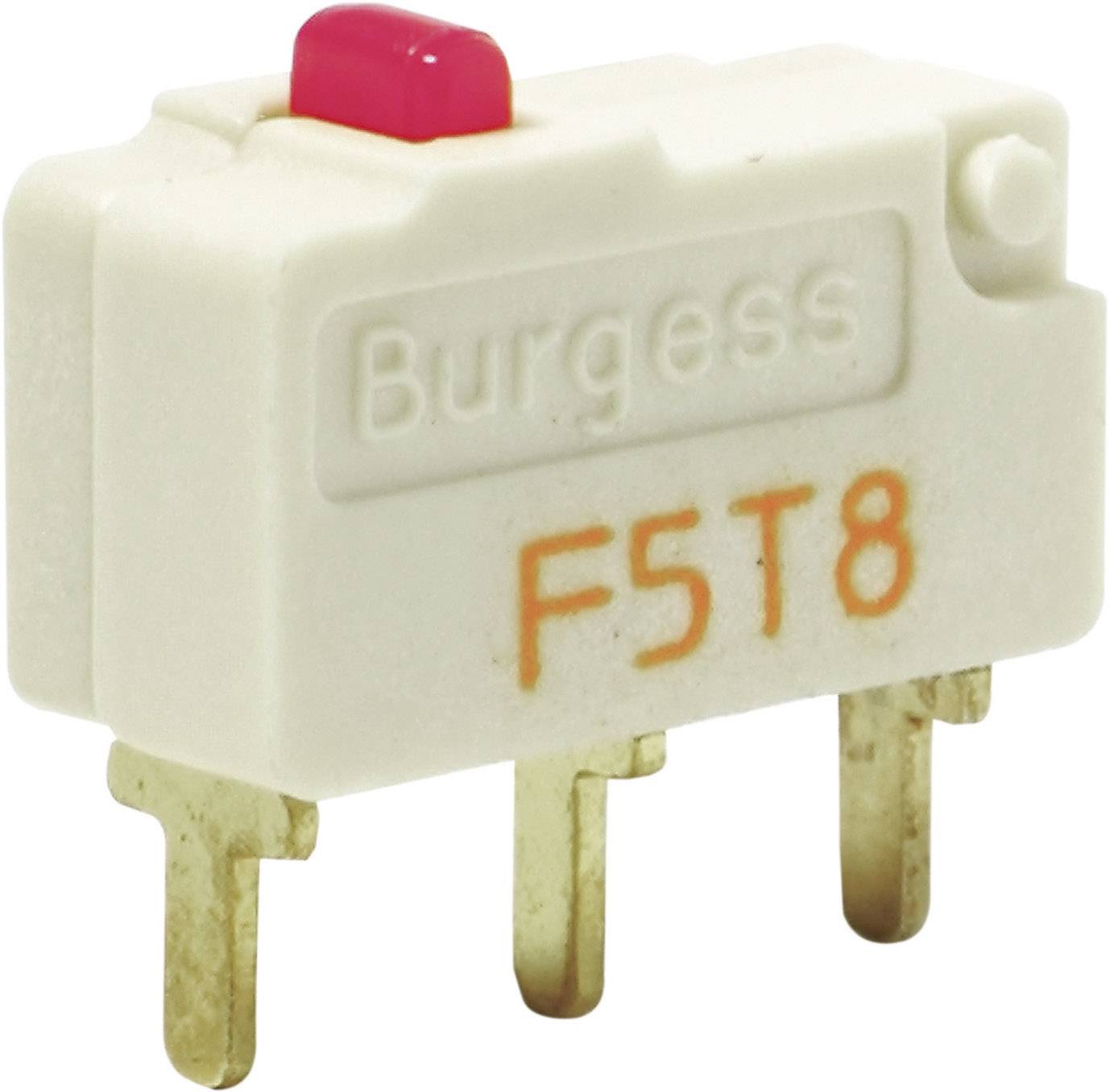 Mikroschalač Burgess F5T8 s červeným tlačidlom a tromi kovovými pripojeniami. Vhodný pre elektronické aplikácie.