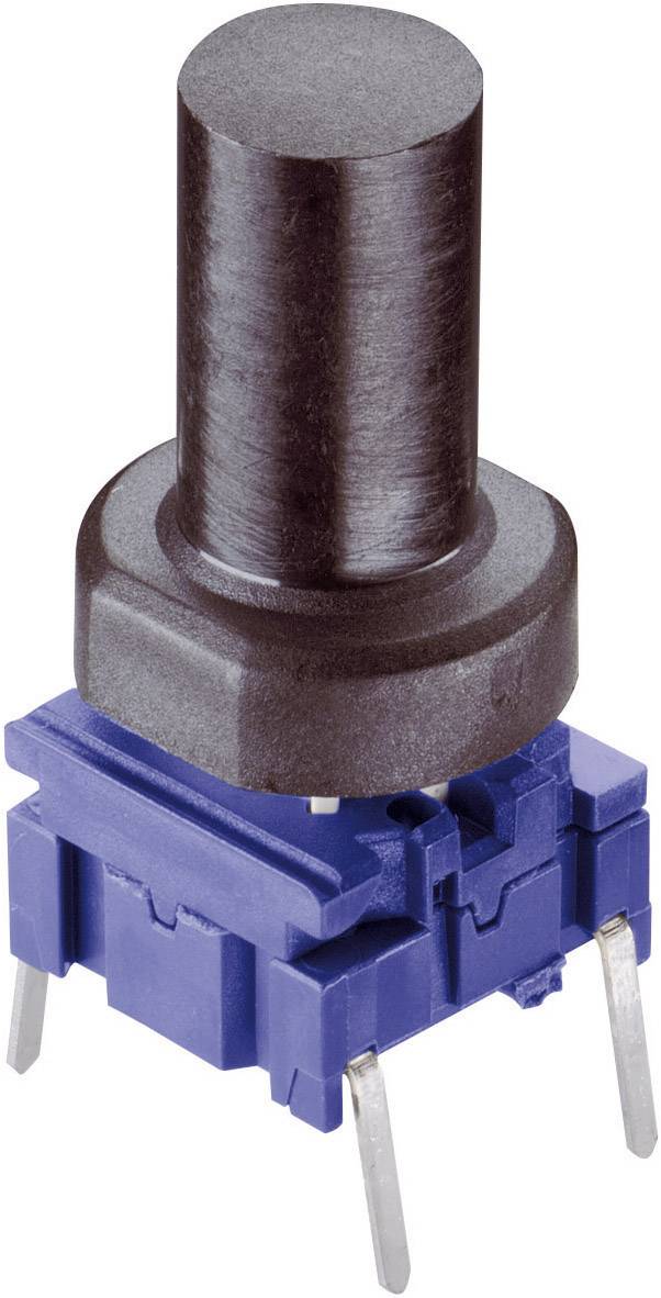 Detailný záber mechanického spínača s čiernym cylindrickým tlačidlom a modrou základňou s kovovými nožičkami dole.