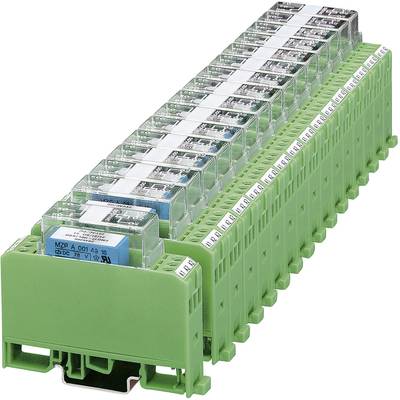 Zelený, modulárne navrhnutý reléový modul s viacerými radmi priehľadných krytov relé, namontovaný na DIN lište.