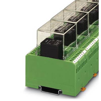 Zelený elektrický reléový modul s viacerými čiernymi relé pod priehľadnými krytmi. Namontovaný na DIN lište.