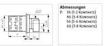 Čierno-biely diagram elektrického konektora s rozmermi. Vpravo tabuľka s údajmi o rozmeroch pre rôzne skupiny kontaktov.