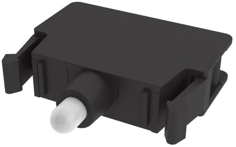 Čierny tlačidlový spínač s bočnými úchytmi a bielym tlačidlom, vhodný na zabudovanie do elektronických zariadení.