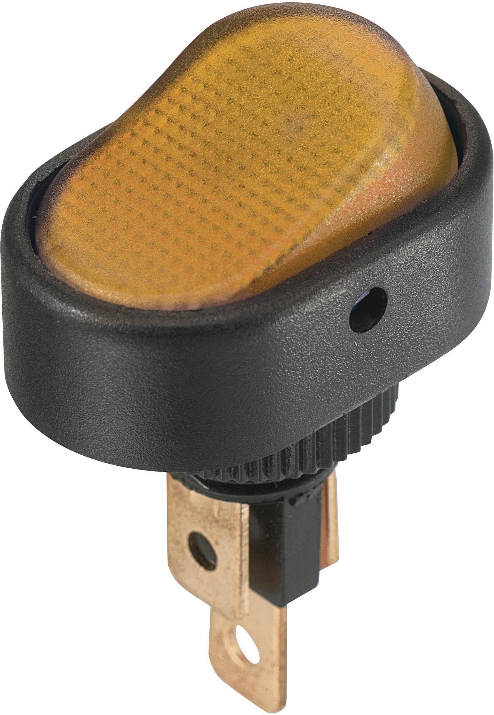Žltý plastový vypínač namontovaný na čiernom kryte s dvoma kovovými prípojkami pre elektrické pripojenie.