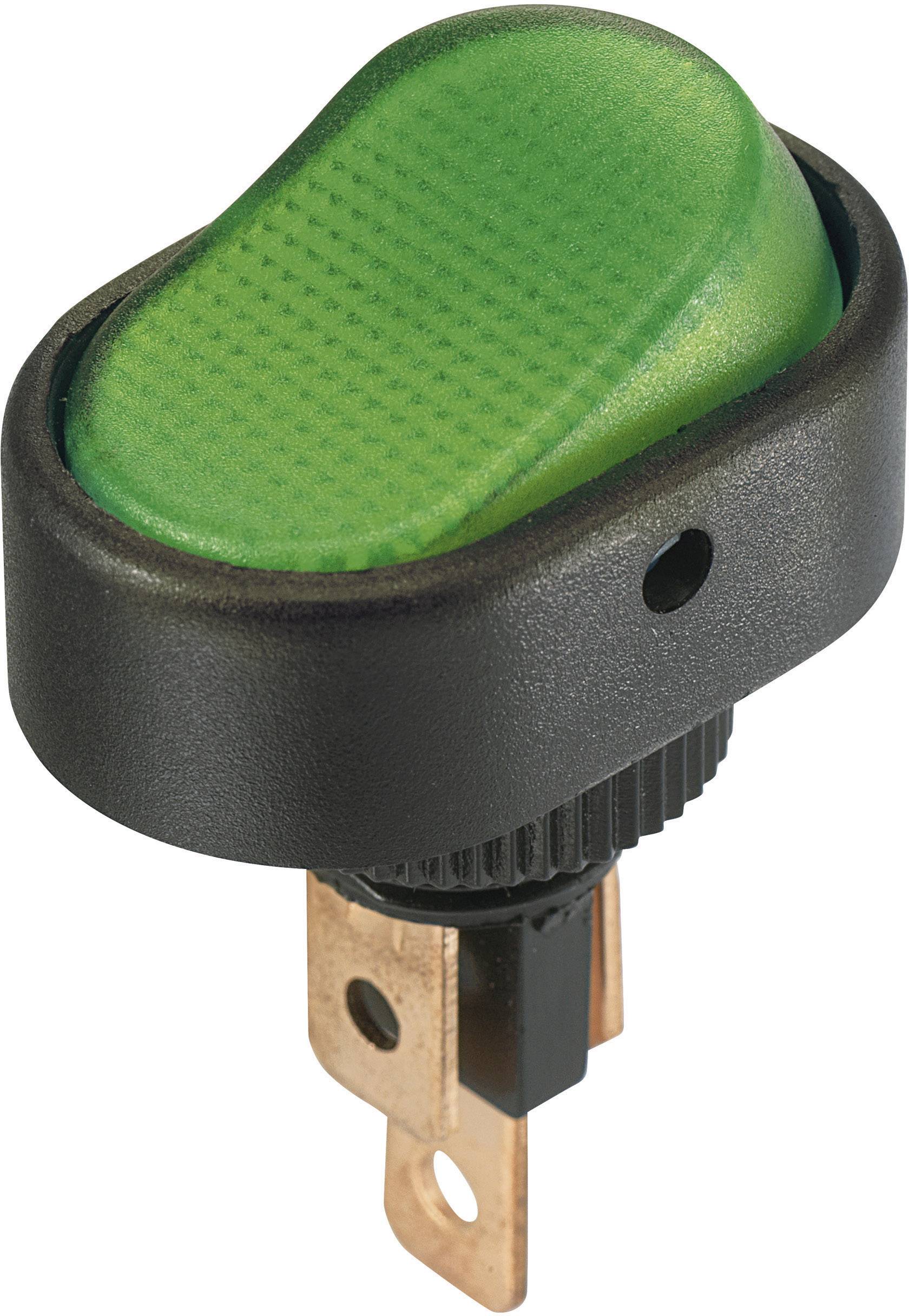 Zelený výklopný spínač s čiernym krytom a dvoma kovovými kontaktmi, používaný na ovládanie elektrických zariadení.