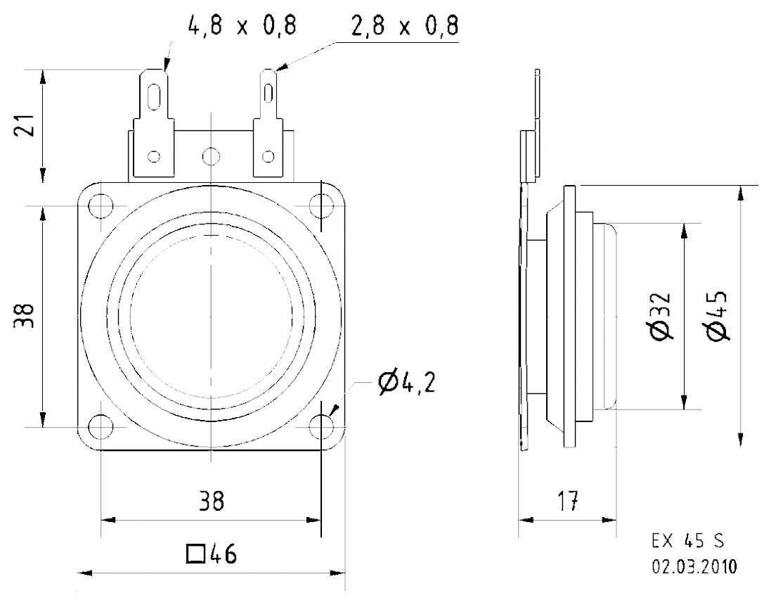 Technický výkres zástrčky s rozmermi: šírka 46 mm, výška 38 mm, hĺbka 17 mm. Uvedené rôzne priemery otvorov.