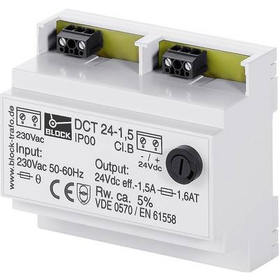 Biely napájací modul s nápisom 'BLOCK DCT 24-1,5. Vstup: 230Vac 50-60Hz. Výstup: 24Vdc 1,5A'.