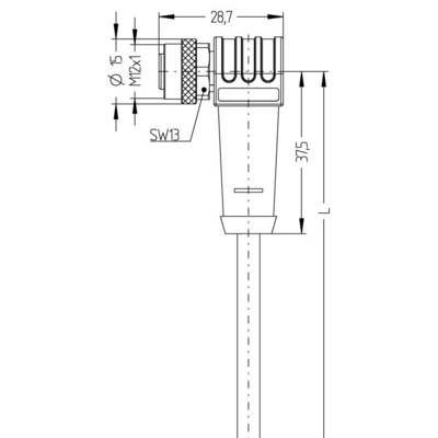 Technický výkres konektora s rozmermi: 28,7 mm široký a 37,5 mm vysoký. Detaily zobrazujú závit M12x1 a ďalšie rozmery.