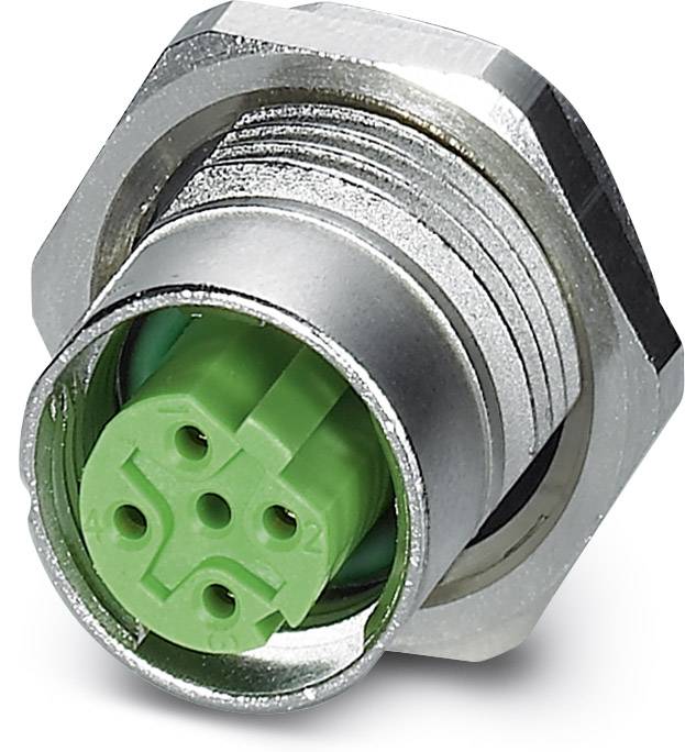 Strieborný elektrický guľatý konektor so zeleným štvordielnym modulom. Vhodný pre priemyselné použitie.