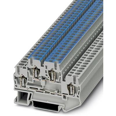 Šedá a modrá svorkovnica s viacúrovňovými pripojeniami pre elektrickú kabeláž, zobrazená na bielom pozadí.