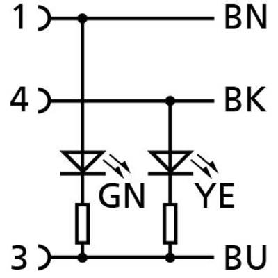 Schéma znázorňuje štyri svorky (1, 3, 4, BN, BK) a dve diódy ('GN', 'YE'). Čiary spájajú svorky, rezistory sú zapojené paralelne s diódami.