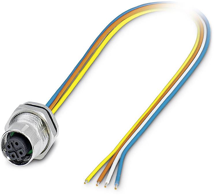 Elektrická zástrčka s piatimi farebnými vodičmi (oranžový, žltý, modrý, hnedý, biely), vhodná pre technické pripojenia.