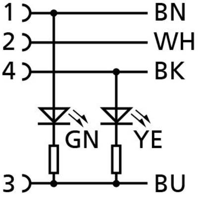 'Elektrická schéma so šiestimi vodičmi: hnedá, biela, čierna, zelená, žltá, modrá; dva LED indikátory (zelený, žltý) na uzle 3/4.'