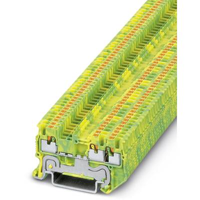 Žlto-zelený radový svorkovnicový blok s viacerými prípojkami a kovovými kontaktmi, používaný pre elektrické prepojenia v rozvádzačoch.