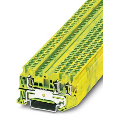 Žlto-zelený radový svorkovnicový blok s kovovými svorkami, vhodný pre elektrickú inštaláciu a priemyselné použitie.