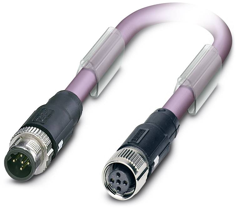 Fialový kábel s dvoma koncovkami na oboch stranách, jeden samec a jeden samica, často používaný na prepojenia v elektronike.
