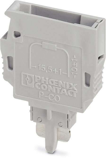 Sivý prvok Phoenix Contact P-CO s rozmermi 15,5+1, identifikovateľný podľa výrezov a označení na prednej strane.