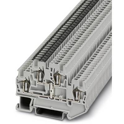 Sivobiely elektrický svorkovací blok s viacerými svorkami na zapojenie káblov, pohľad z boku.