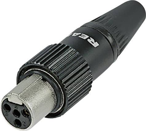 Čierny XLR konektor s kovovým krytom a tromi pinmi, často používaný pre profesionálne audio pripojenia.