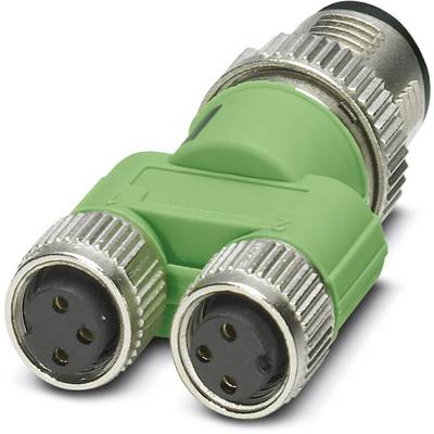 Zelený T-tvarový elektrický adaptér s dvoma okrúhlymi zástrčkami, každá s troma kolíkmi, a jeden konektor na druhej strane.