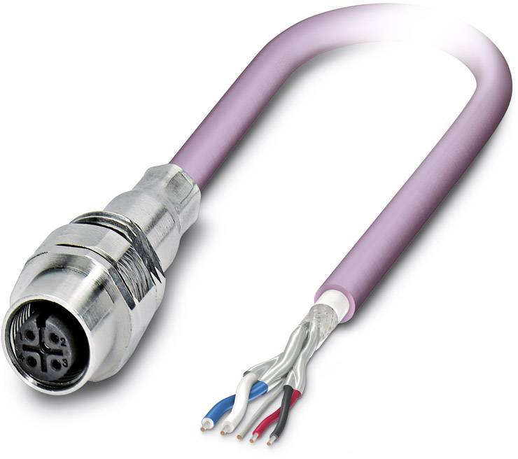 Fialový tienený ethernetový kábel s konektorom na jednom konci a odkrytými farebnými medenými vodičmi na druhom konci.