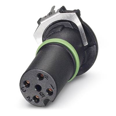 Čierny valcovitý elektrický konektor s piatimi kovovými kolíkmi a zeleným prstencom, umiestnený do strany.