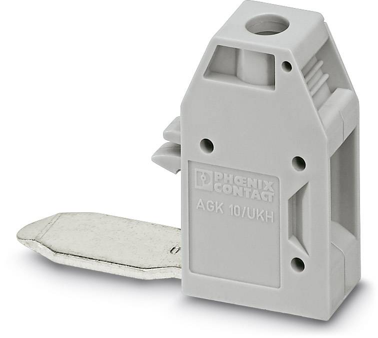 Sivý koncový držiak AGK 10/UKH od spoločnosti Phoenix Contact s kovovým pákovým mechanizmom, určený na montáž na DIN lištu v elektrických rozvádzačoch.
