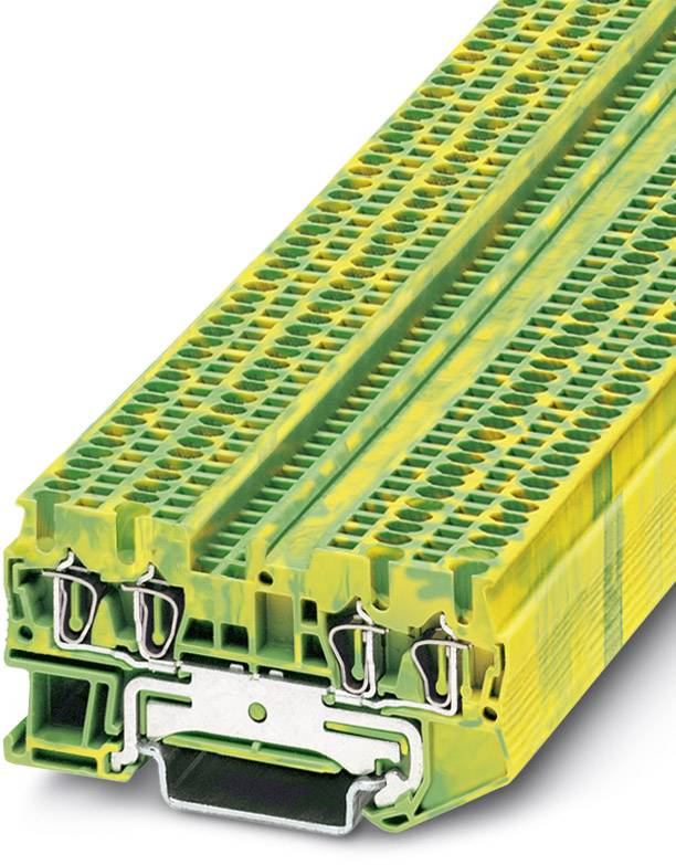 Obrázok zobrazuje žlto-zelenú elektrickú svorkovnicu s viacerými prípojkami a označeniami na hornej strane.