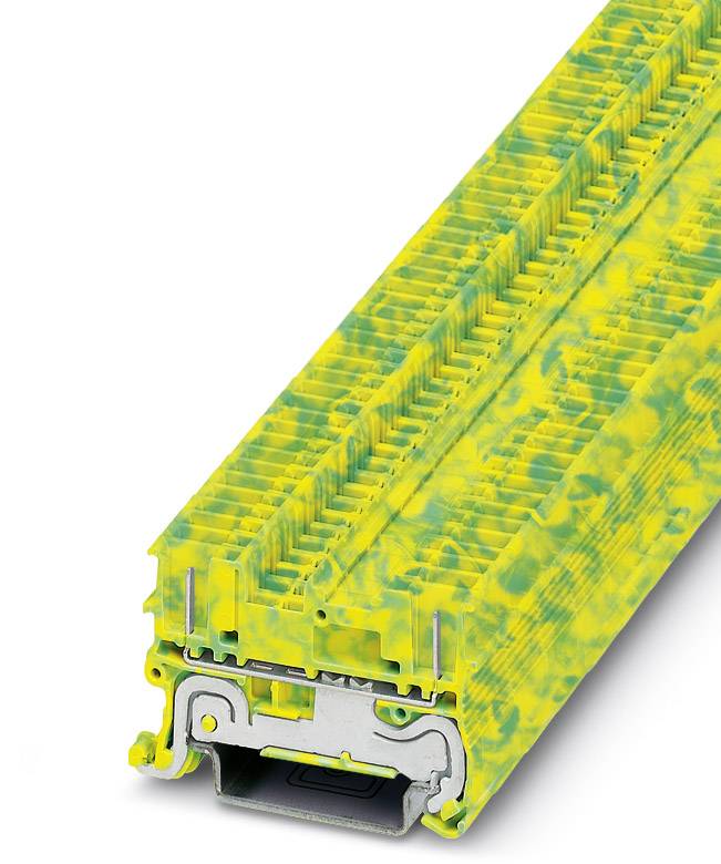 Žlto-zelený modul svoriek koľajnicového rastru z plastu a kovu sa používa v elektronike na elektrické prepojenie.