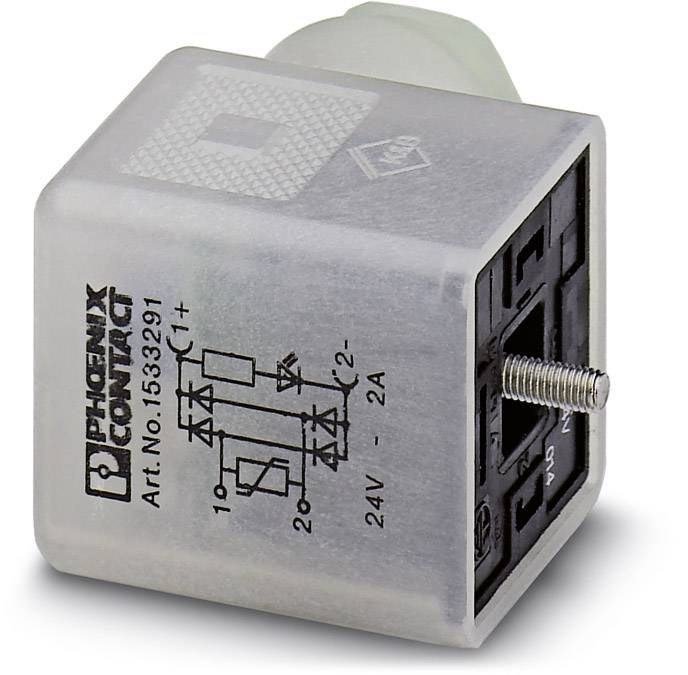 Elektrické relé od Phoenix Contact, model 1533291, 24V - 2A, so schémou zapojenia a firemným logom na povrchu.