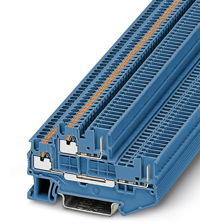 Modrý radový svorkovnicový blok s oranžovými spojovaciemi prvkami, používaný v elektrotechnike pre stabilné drôtové prepojenia.