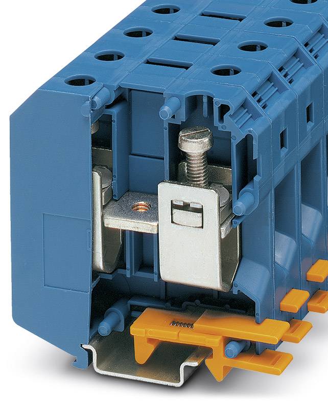 Modrý elektrický svorkovnicový blok s kovovým skrutkovým spojem a oranžovými svorkami na prepojenie vodičov v rozvádzači.