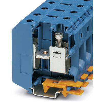 Modrý elektrický svorkovnicový blok s kovovým skrutkovým spojem a oranžovými svorkami na prepojenie vodičov v rozvádzači.