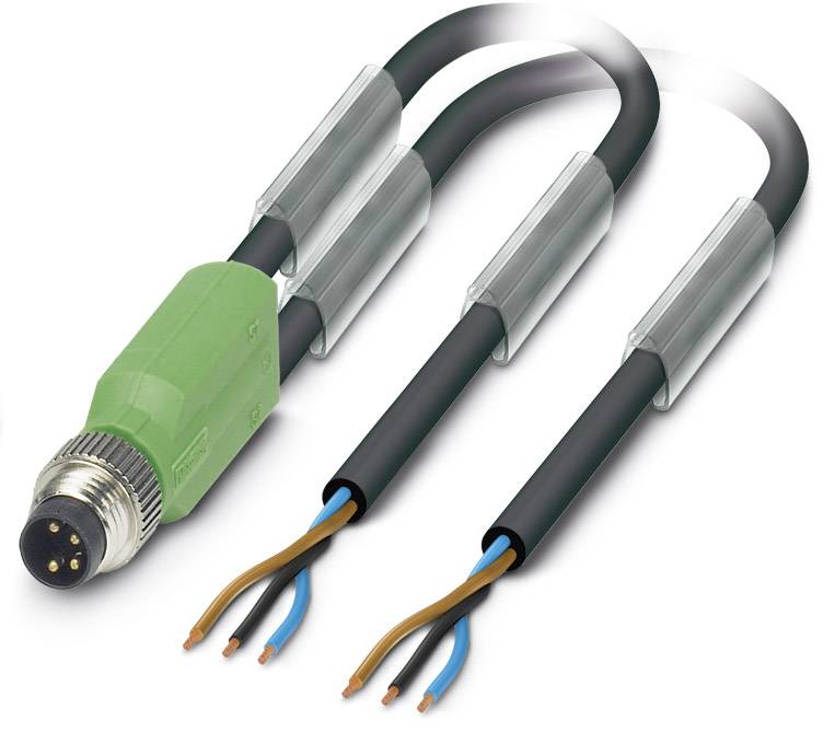 Zelený konektor M8 je prepojený s dvoma čiernymi káblami s odhaleným koncom vodičov, ktoré predstavujú elektrické vedenia.
