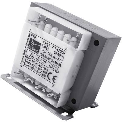 Kompaktný transformátor s kovovým krytom a elektrickými prípojkami, vhodný pre 7,1 - 230 V, 50-60 Hz.