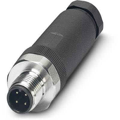 M8-konektor, čierny a kovový, so štyrmi pinmi, slúži na prepojenie elektronických zariadení v priemyselných aplikáciách.