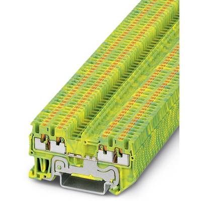 Žlté a zelené radové svorky s kovovým pripojením, používané v elektrických rozvádzačoch na prepojenie káblov a distribúciu elektrického prúdu.