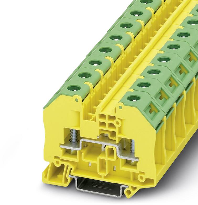 Žlto-zelená radová svorkovnica so skrutkovým spojením, používaná pre elektrické inštalácie na bezpečné zapojenie vodičov.