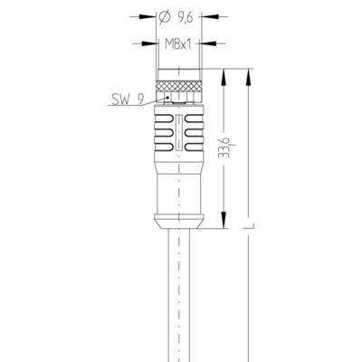Technický výkres konektora s rozmermi: priemer 9,6 mm, dĺžka 33 mm, závit M8x1, šírka pre kľúč SW 9.