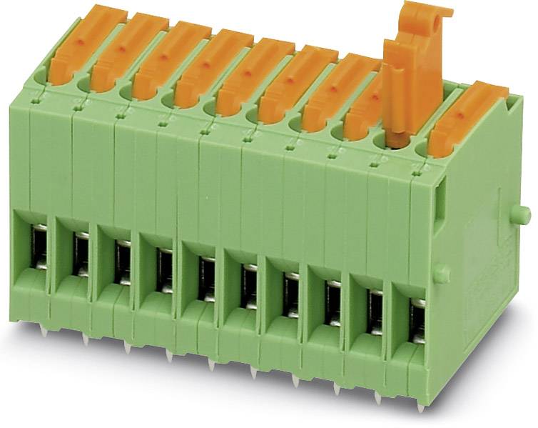 Zelená elektrická svorkovnica s oranžovými pákami. Niektoré páky sú vyklopené nahor. Používa sa na elektronické pripojenia.