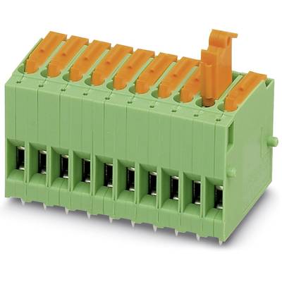 Zelená elektrická svorkovnica s oranžovými pákami. Niektoré páky sú vyklopené nahor. Používa sa na elektronické pripojenia.