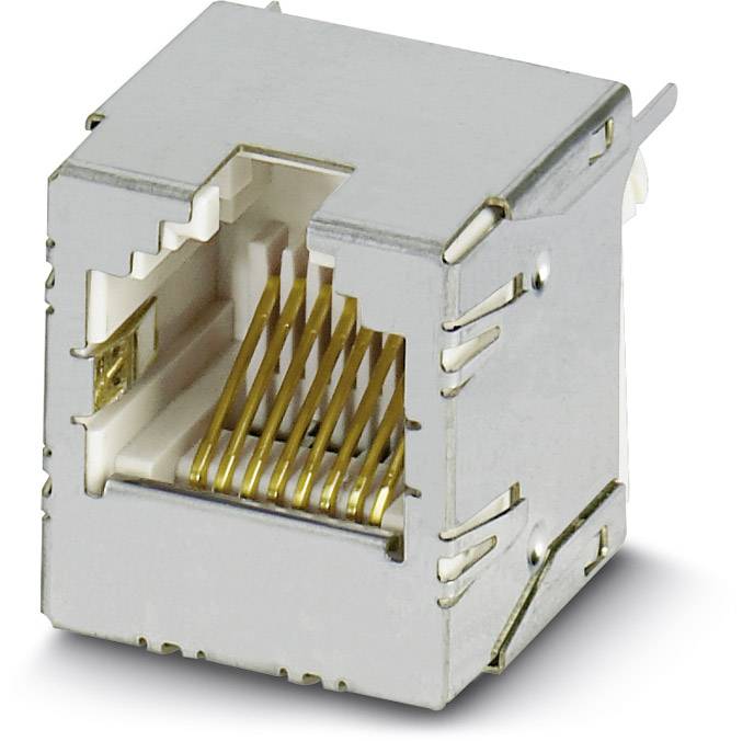 RJ45 sieťový konektor so zlatými kontaktmi, vhodný pre ethernetové káble. Používaný v počítačových sieťach na prenos dát.