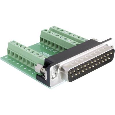 Zelený adaptér konektora s DB25 portom a očíslovanými skrutkovacími svorkami pre elektrické pripojenia.