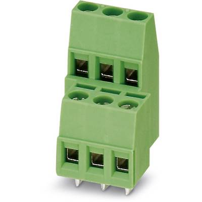 Zelený konektor so šiestimi zásuvkami v dvoch úrovniach, vhodný pre elektronické prepojenia a obvody.